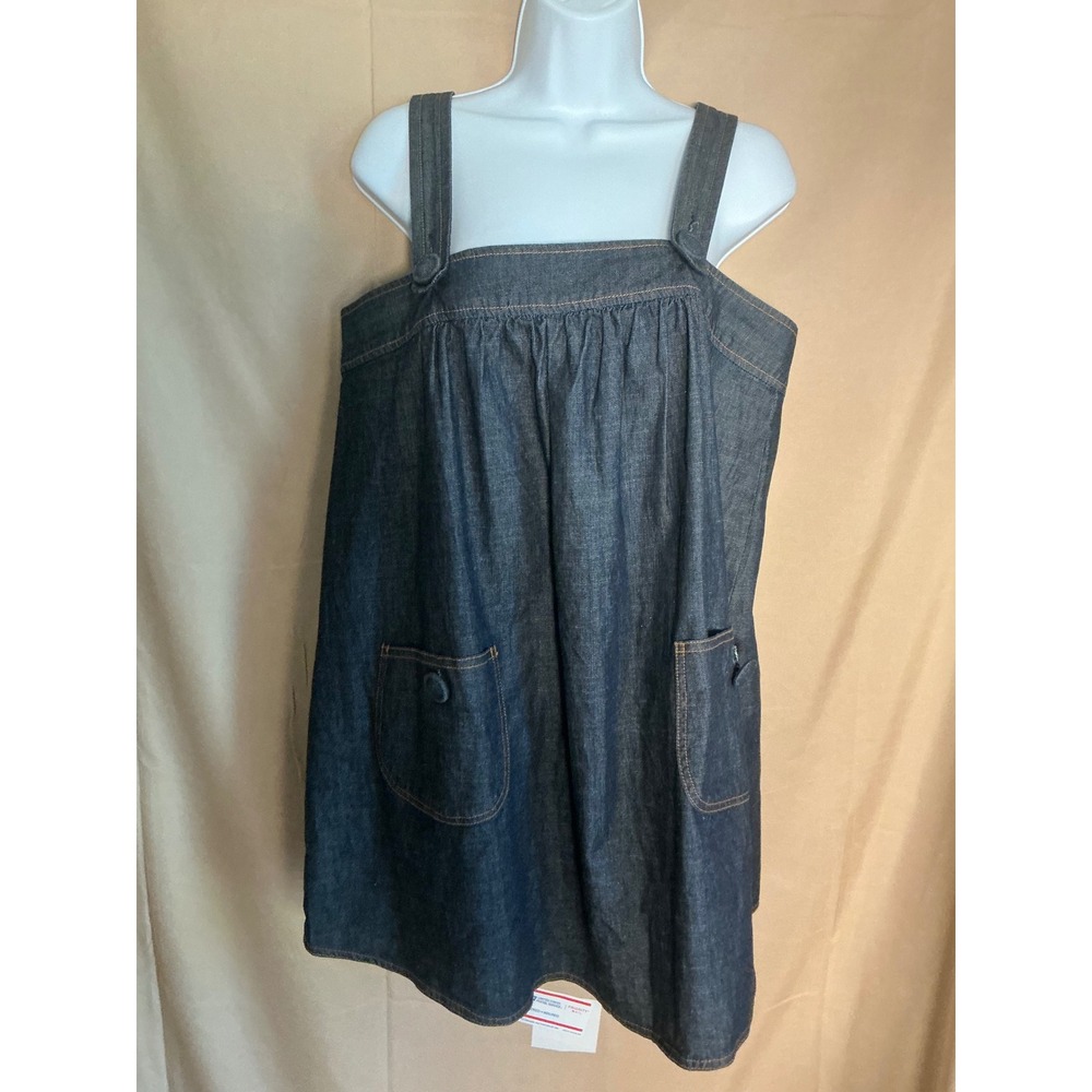 Denim Pinafore Jumper Dress Womens Large Dark Blue Excellent Square Neck Pockets